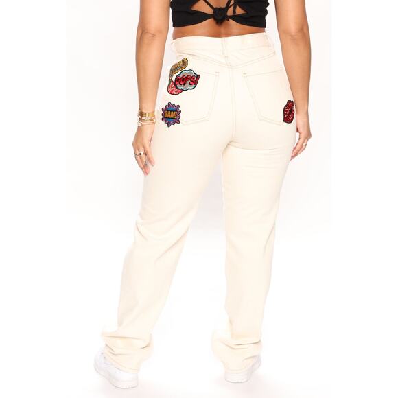 New 5 Fashion Nova Beige Patch Jeans Straight‎ Mom Destructed Denim Retro - Picture 1 of 6